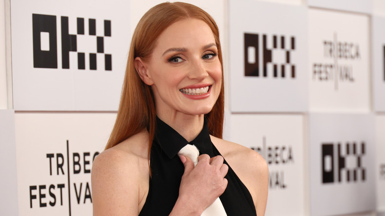 Jessica Chastain, looking hesitant