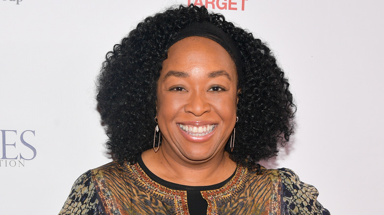 Shonda Rhimes wearing hexagonal earrings