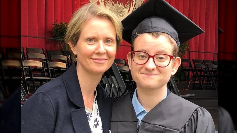 Cynthia Nixon and son Seph Mozes at an event 