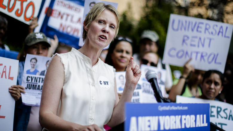 Cynthia Nixon speaking at a campaign event