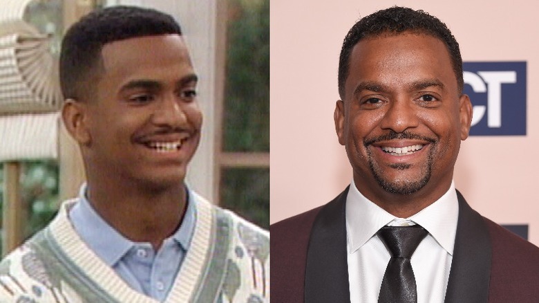 Alfonso Ribeiro smiling as The Fresh Prince's Carlton, and as an adult