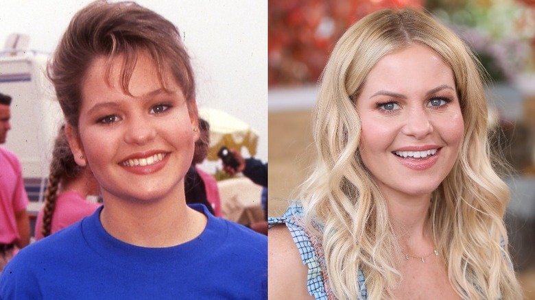Candace Cameron Bure smiling during Full House days, and as an adult