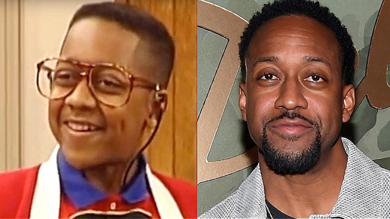Jaleel White smiling as Steve Urkel, and as an adult