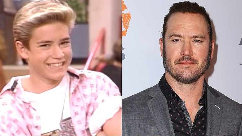 Mark-Paul Gosselaar smiling, as Zack Morris and as an adult