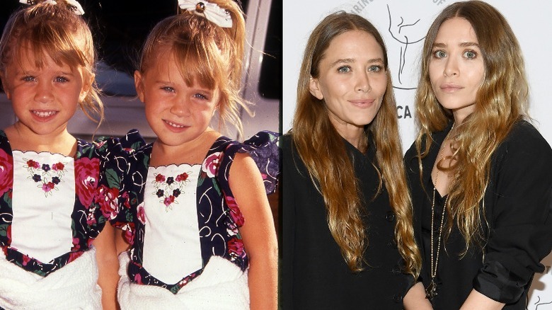 Mary-Kate Olsen and Ashley Olsen smiling as kids and as adults