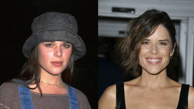 Neve Campbell posing as an adolescent, smiling as an adult