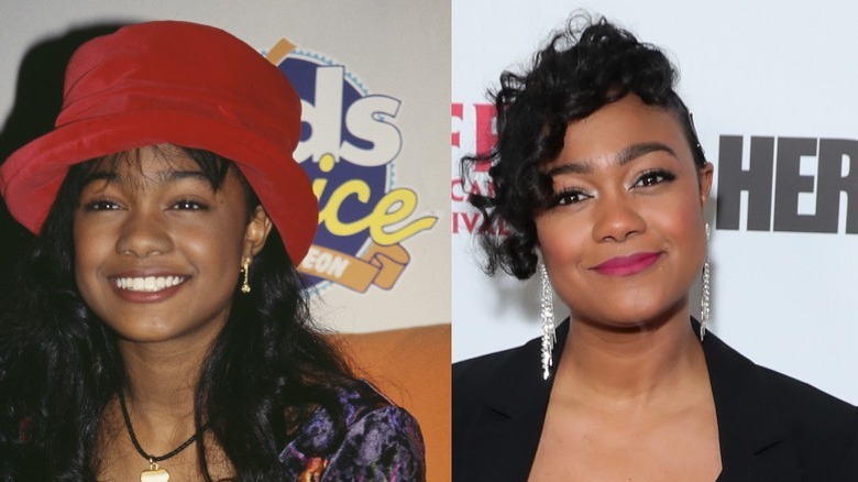 Tatyana Ali smiling at Kids Choice Awards in 90s, and as an adult