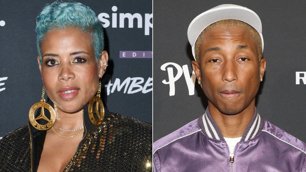 Kelis with short blue hair, Pharrell Williams in a silk purple bomber