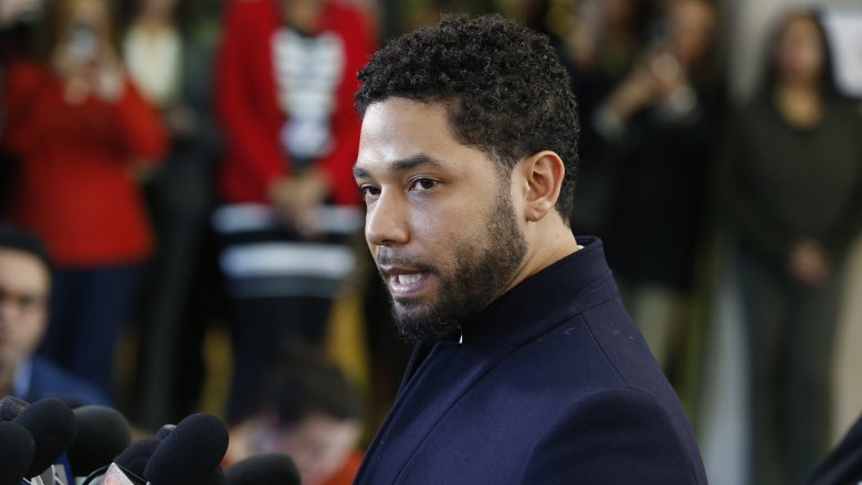 Jussie Smollett speaking outside a court house