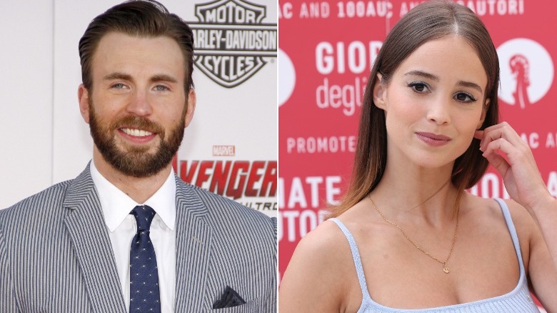 Chris Evans and Alba Baptista posing in split image