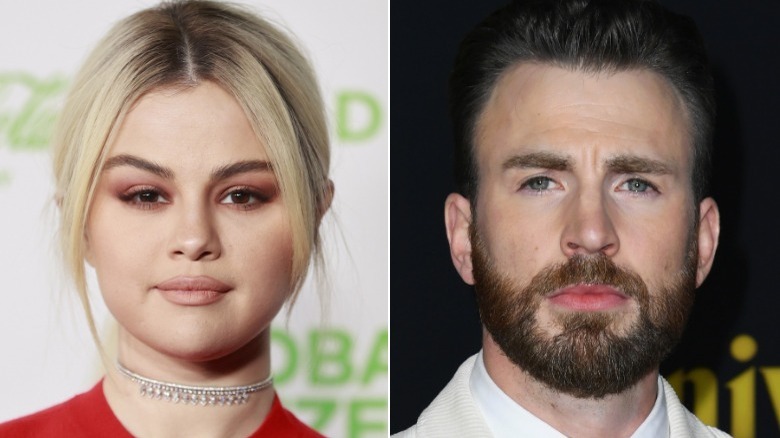 Selena Gomez smiles and Chris Evans poses on the red carpet