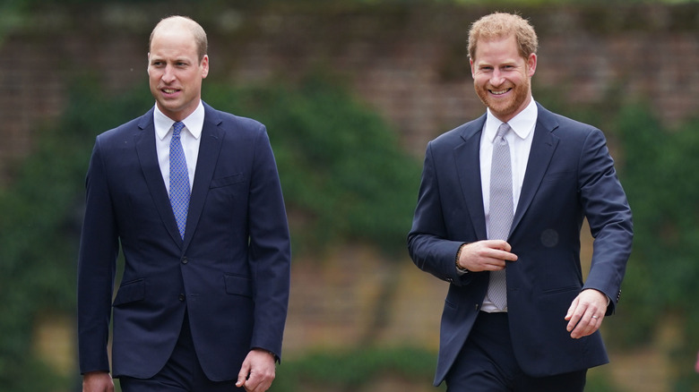 Princes William and Harry smiling and walking outside