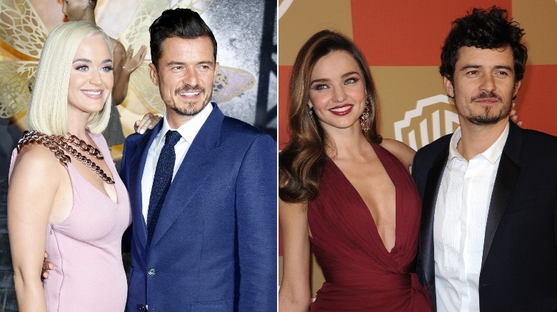 Katy Perry and Orlando Bloom, and Miranda Kerr and Orlando Bloom, posing at premieres