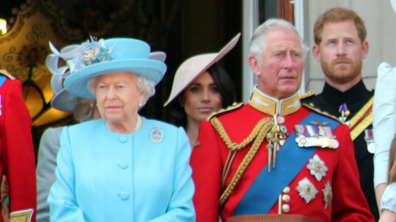 June 2018 Queen Elizabeth, Prince Charles, Meghan Markle, Prince Harry at Trooping the colour Royal Family at Buckingham Palace