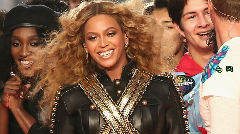 Beyonce smiling at the Super Bowl