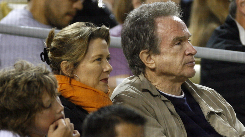 Warren and Benjamin Beatty and Annette Bening at the Los Angeles Dodgers game