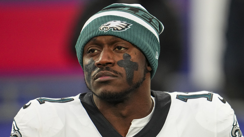 AJ Brown wearing his Eagles jersey