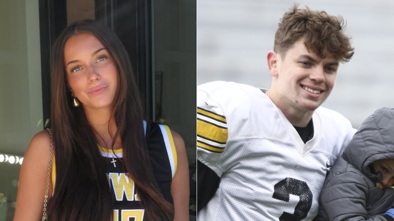 Steph Wilfawn in a University of Iowa shirt and Cooper DeJean in his Iowa uniform