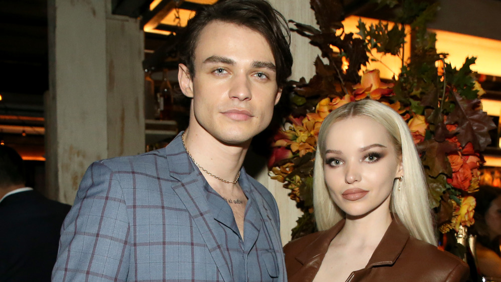 Thomas Doherty and Dove Cameron attend a red carpet event together in 2020