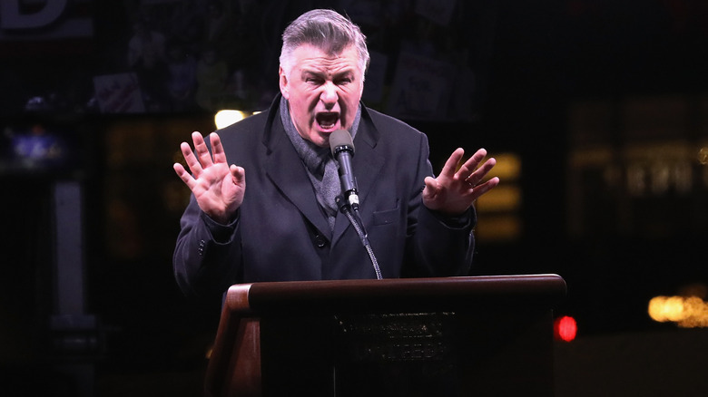 Alec Baldwin impersonating Donald Trump during a "We Stand United" anti-Trump rally