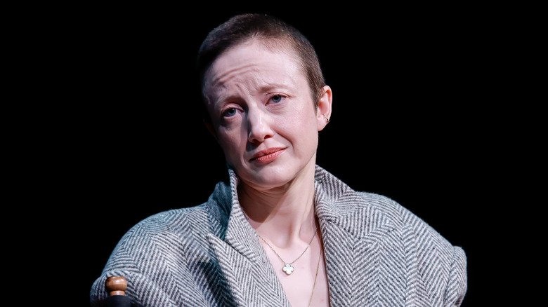 Andrea Riseborough looking somber 