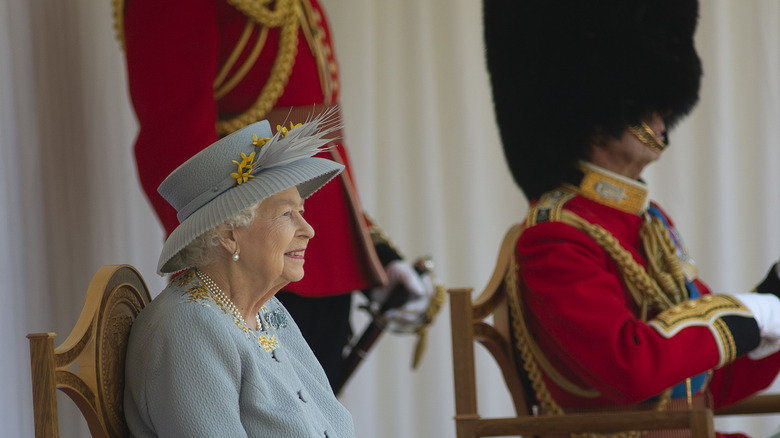 Queen Elizabeth II and Prince Edward, Duke of Kent, attending the Trooping the Colour