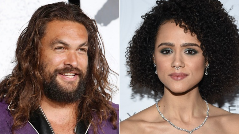 Jason Momoa smiling, Nathalie Emmanuel grinning