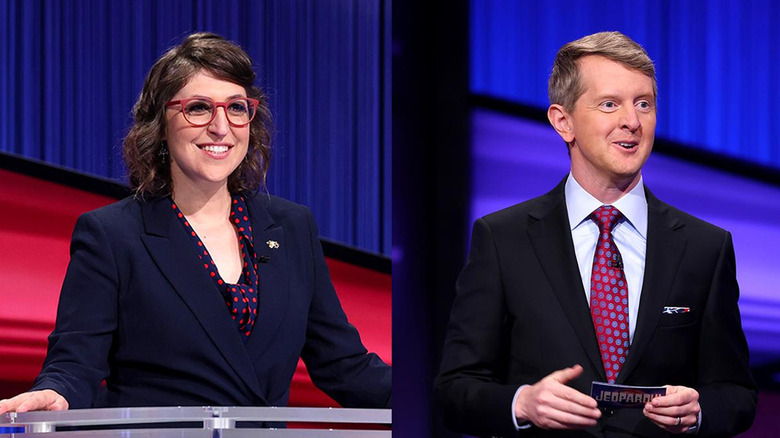 Mayim Bialik and Ken Jennings smiling broadly