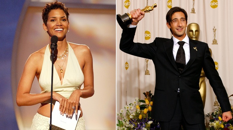 Halle Berry Adrien Brody Oscars 2003 split image