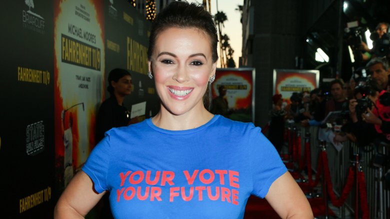 Alyssa Milano wearing a shirt that reads, "Your vote your future" at the premiere of Michael Moore's "Fahrenheit 11/9"