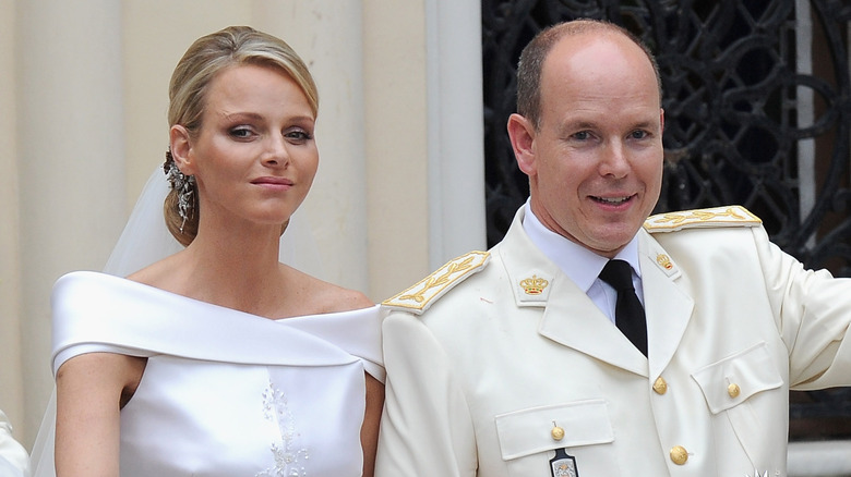 Princess Charlene wedding dress, Prince Albert white suit