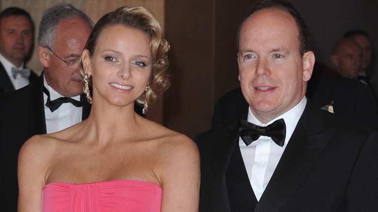 Princess Charlene strapless dress, Prince Albert tuxedo