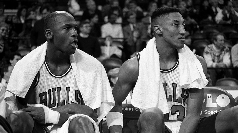 Michael Jordan and Scottie Pippen sitting