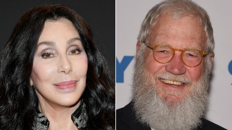 Cher posing and David Letterman smiling 