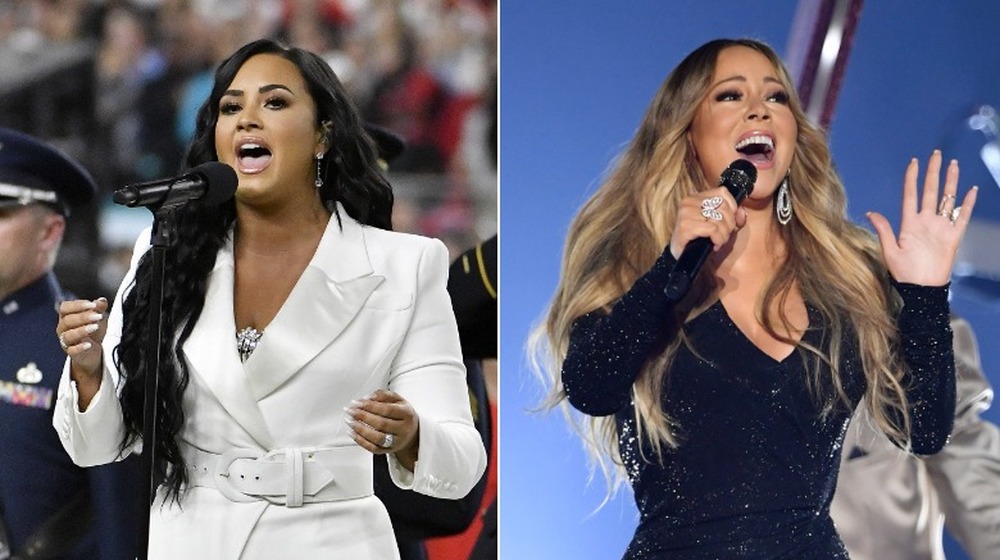 Demi Lovato singing at Super Bowl LIV; Mariah Carey at the 2019 Billboard Music Awards