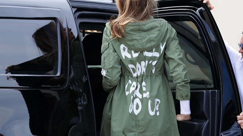 U.S. first lady Melania Trump climbs back into her motorcade after traveling to Texas to visit facilities that house and care for children taken from their parents at the U.S.-Mexico border on June 21, 2018