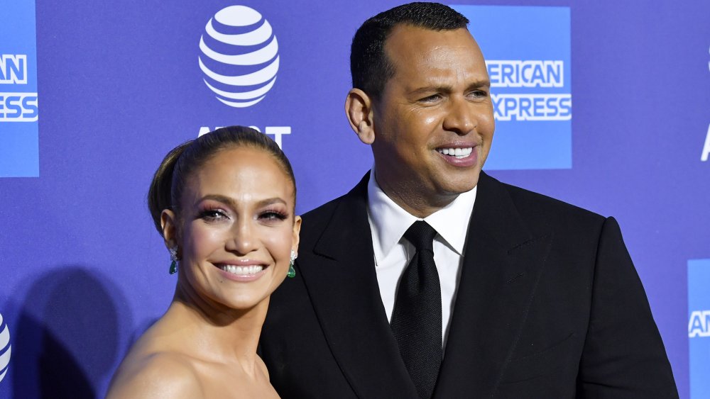 Jennifer Lopez, Alex Rodriguez posing together and smiling at a 2020 film event