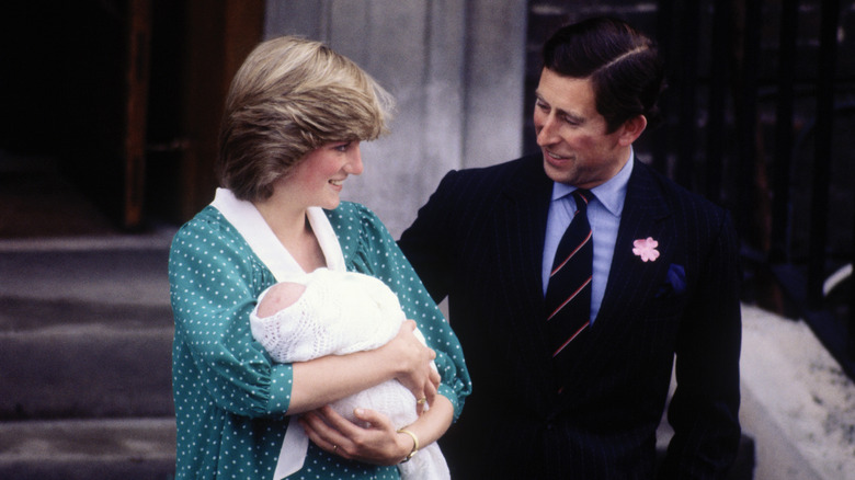 Princess Diana, Prince William and Prince Charles leaving St. Mary's hospital