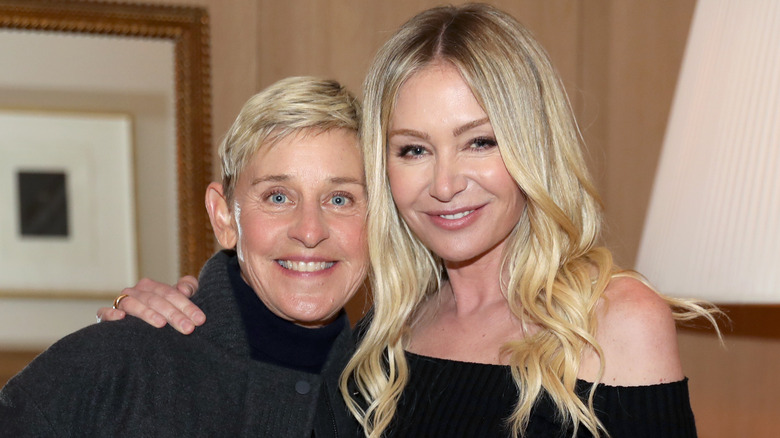 Ellen DeGeneres and Portia de Rossi wearing black