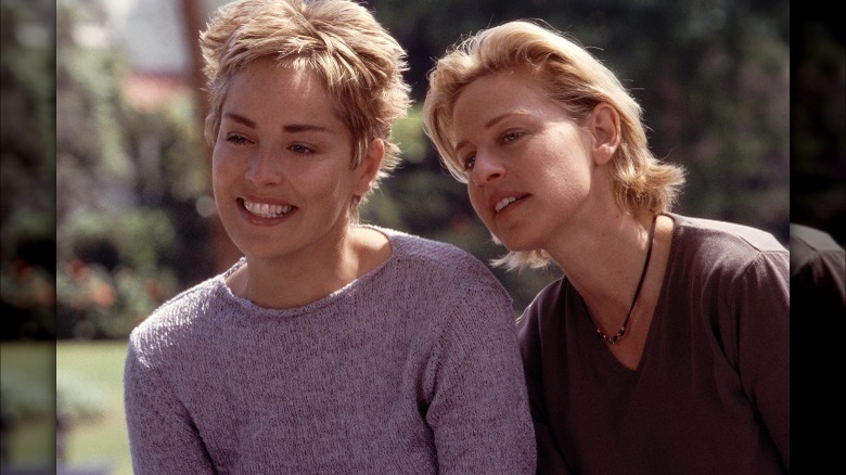 Sharon Stone and Ellen DeGeneres filming