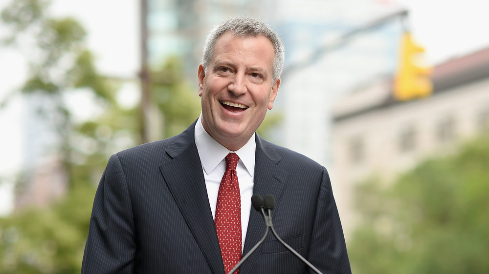 Bill de Blasio in front of microphone