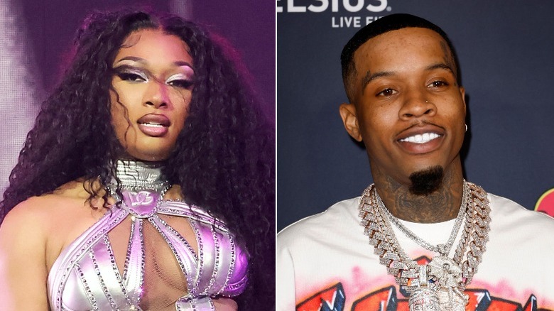 Megan Thee Stallion and Tory Lanez pose for cameras