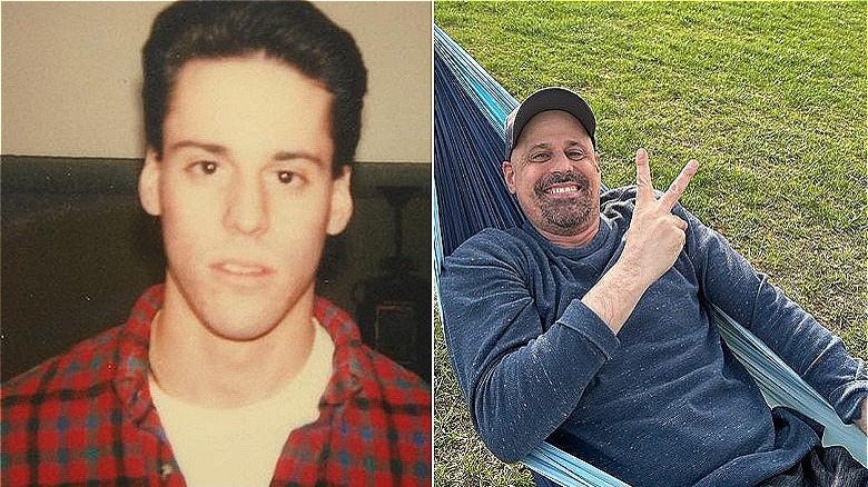 Young Gino Palazzolo posing with hair and Gino Palazzolo lying in hammock