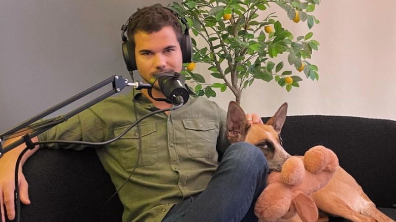 Taylor Lautner recording his podcast The Squeeze