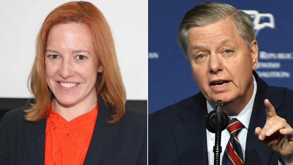 Side by side photos of Jen Psaki and Lindsey Graham