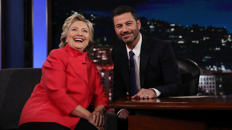 Hillary Clinton and Jimmy Kimmel smiling