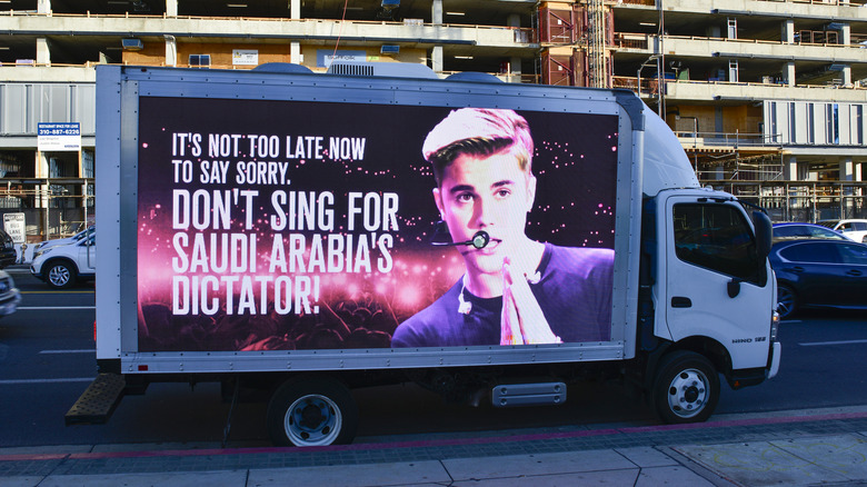 Mobile billboard condemning Justin Bieber and Saudi Arabia's relationship in Los Angeles, California