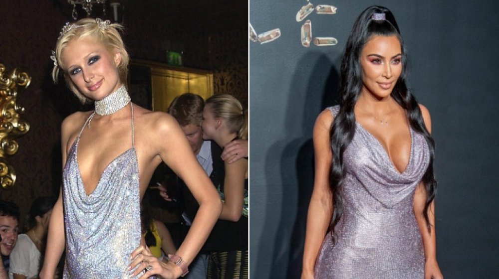 Paris Hilton; Kim Kardashian; both in a very similar dress