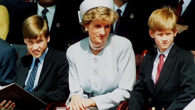 Princess Diana sitting with Princes Harry and William