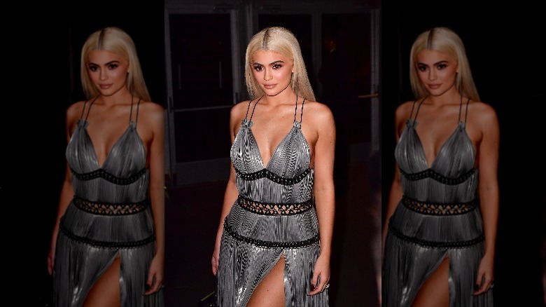 Kylie Jenner poses in silver dress